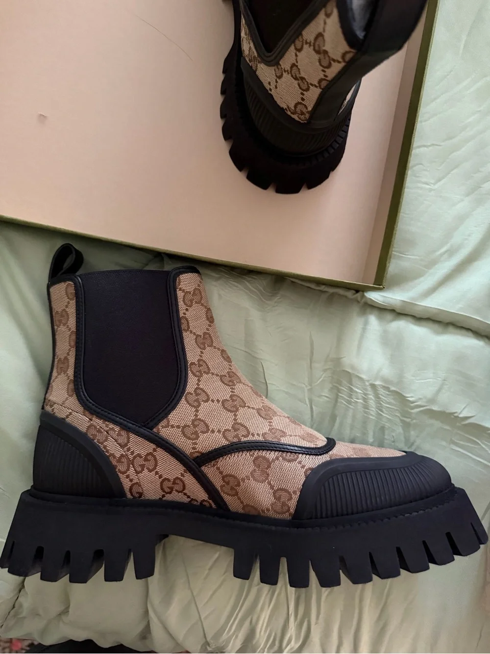 Gucci Beige GG Canvas Chelsea Lug Boots with Black Trim